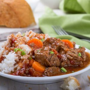 Beef Stew, Rice and vegetables lunch